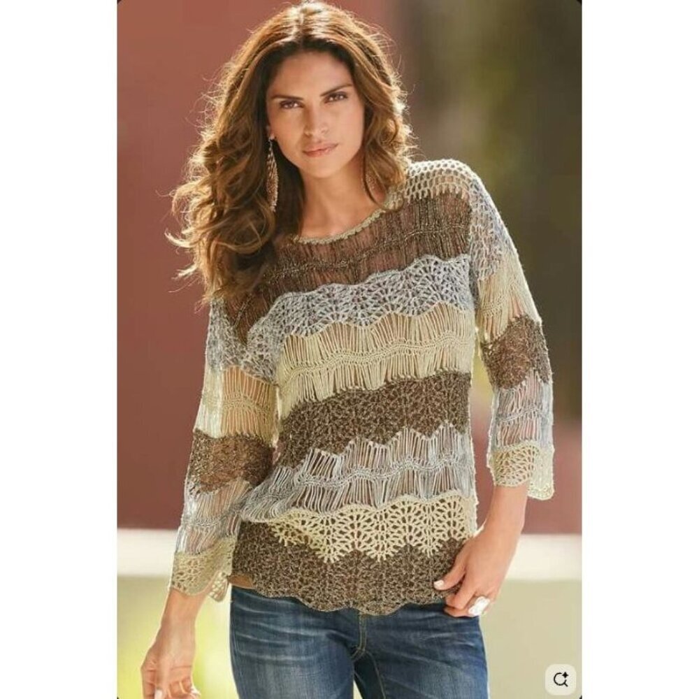 Gold Silver Lamé Crochet Mesh Net Sweater S Fisherman Open Knit Disco Y2K Style
